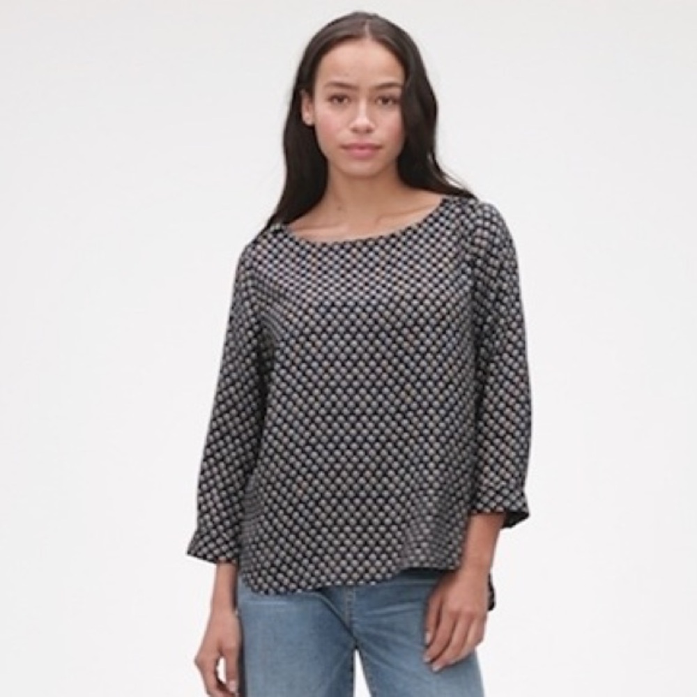 GAP XL Navy Blue Floral Button Shoulder 3/4 Sleeve Boatneck Blouse